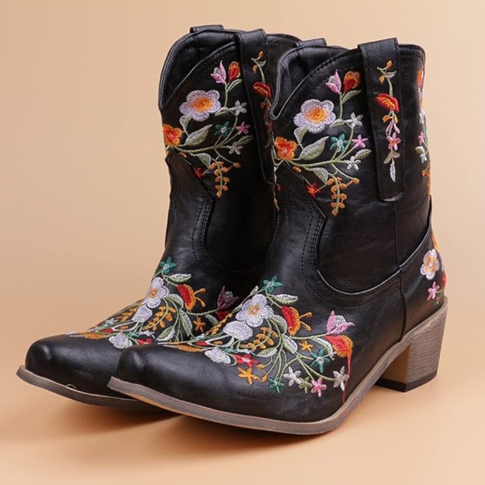 Women flower ankle cowgirl boots